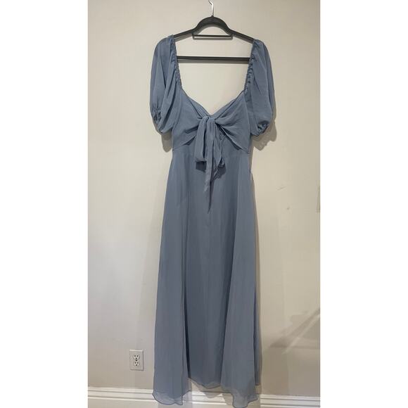 NWT Barbie x Azazie Chiffon A-Line Dress with Puff Sleeve Dusty Blue Women's 6A - Picture 8 of 8